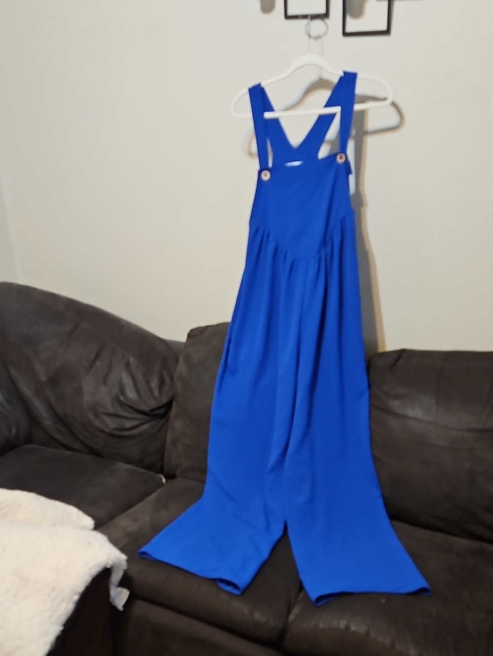Vibrant Cobalt Wide-Leg Pinafore Jumpsuit with Button Straps